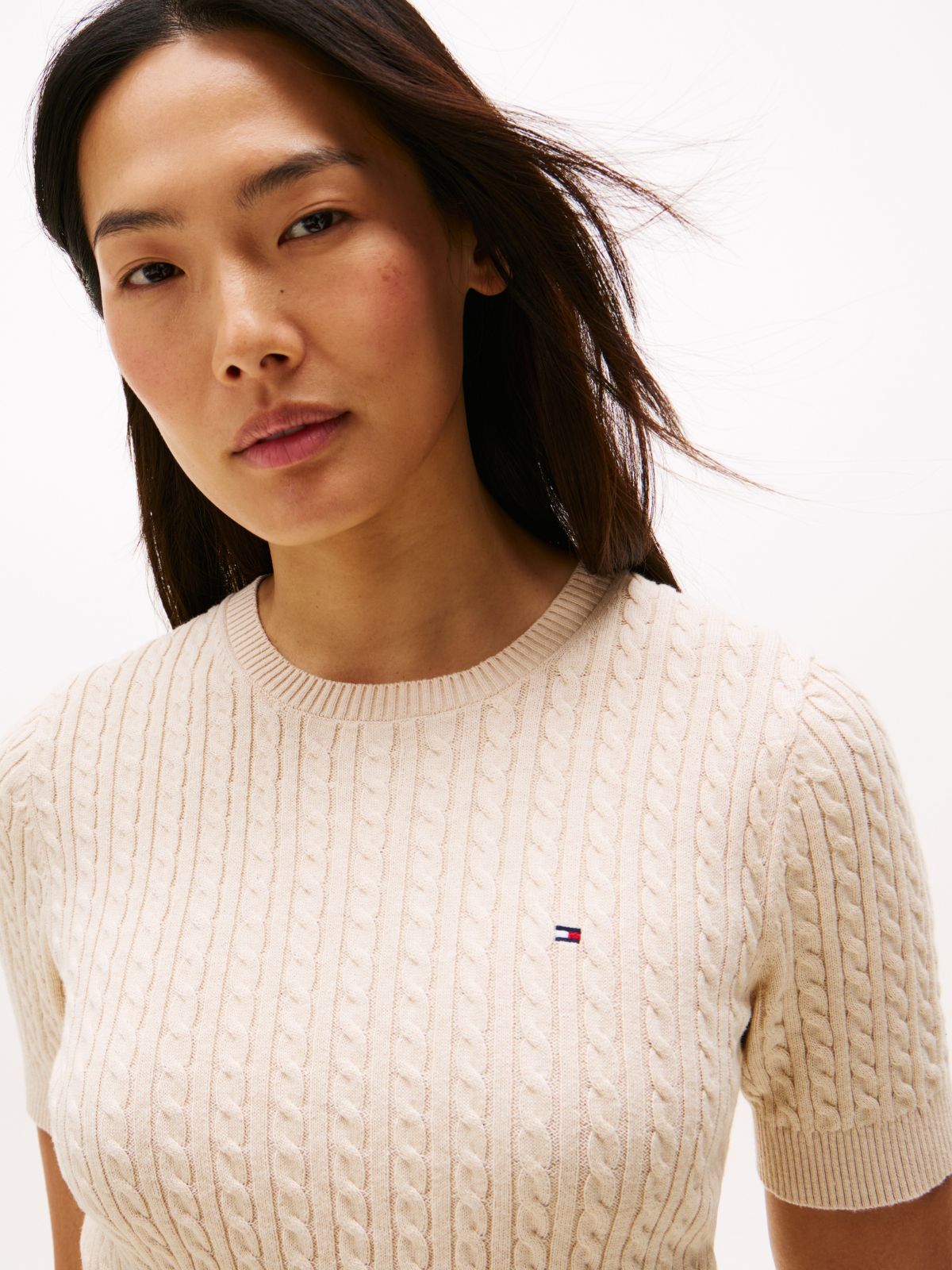 Short-Sleeve Cable Knit Sweater — Beige Heather