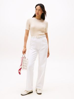 Женский свитер Tommy Hilfiger Short-Sleeve Cable Knit, цвет: Бежевый меланжевый — фото 3