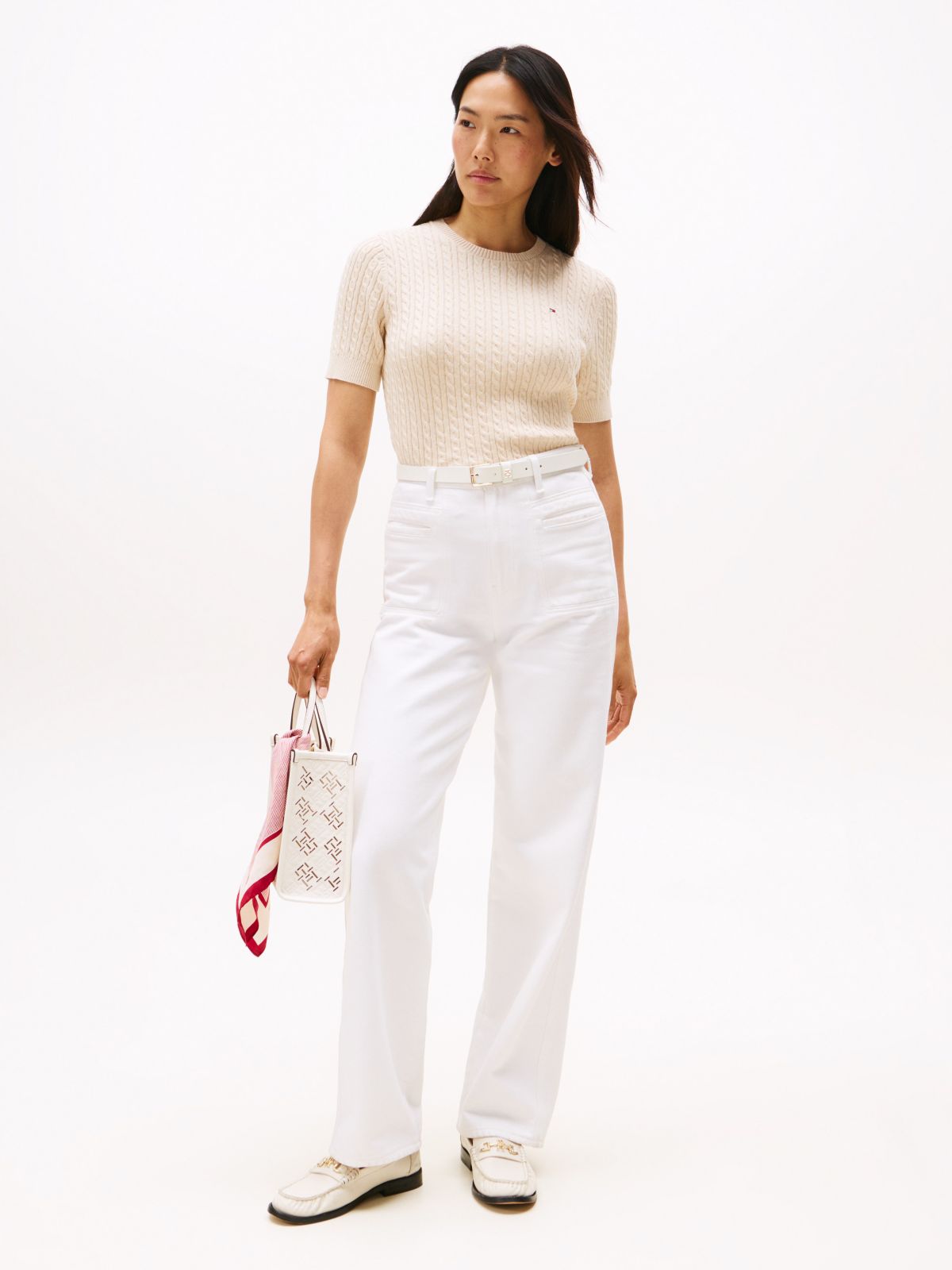Short-Sleeve Cable Knit Sweater — Beige Heather