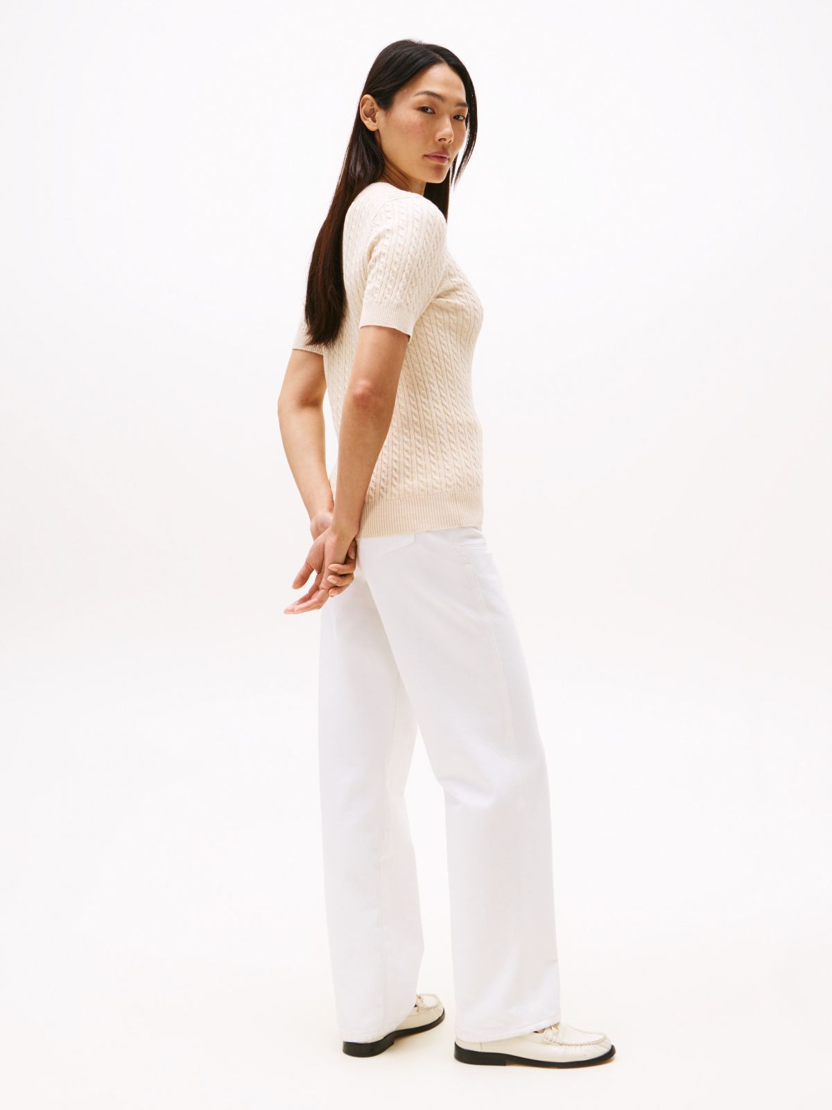 Short-Sleeve Cable Knit Sweater — Beige Heather
