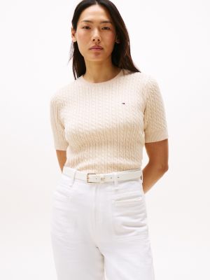 Short-Sleeve Cable Knit Sweater, Beige Heather