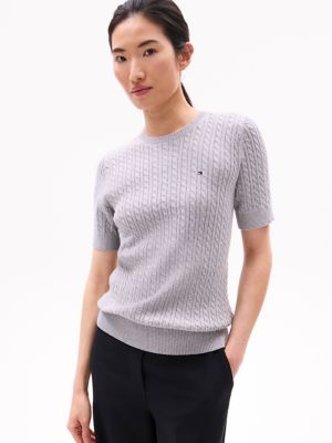 Short-Sleeve Cable Knit Sweater, Grey Heather