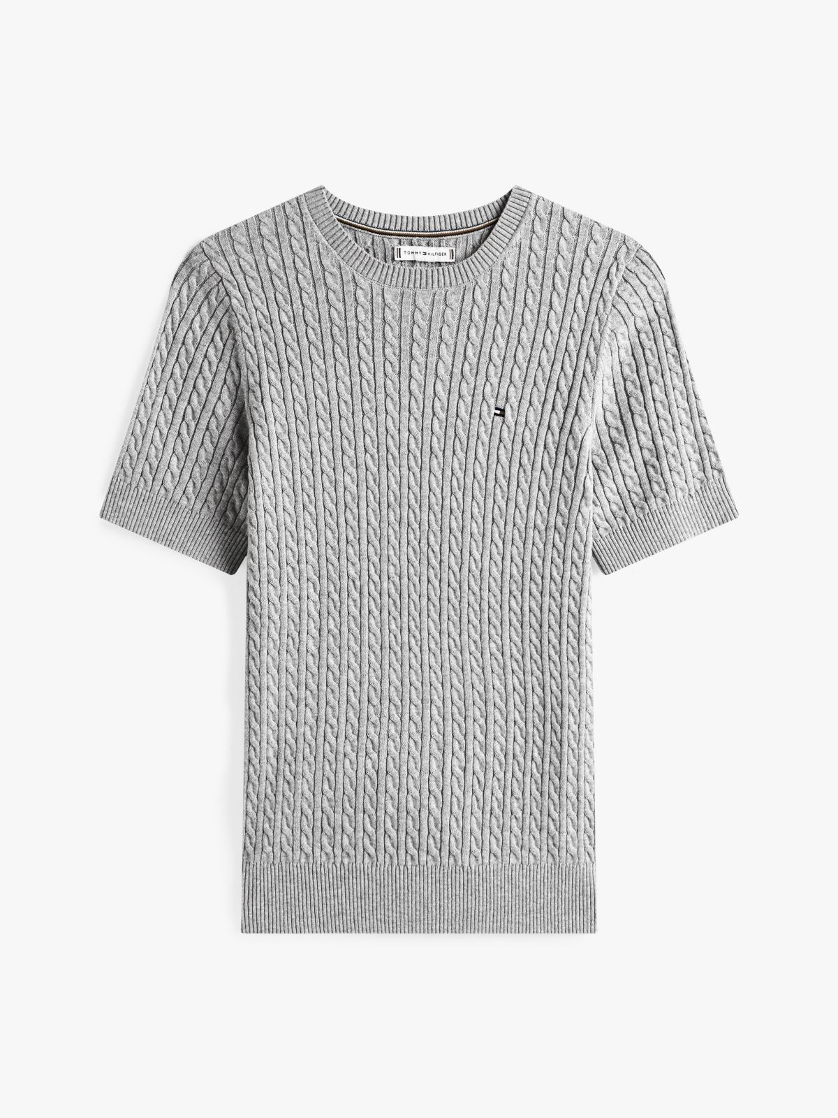 Short-Sleeve Cable Knit Sweater — Grey Heather