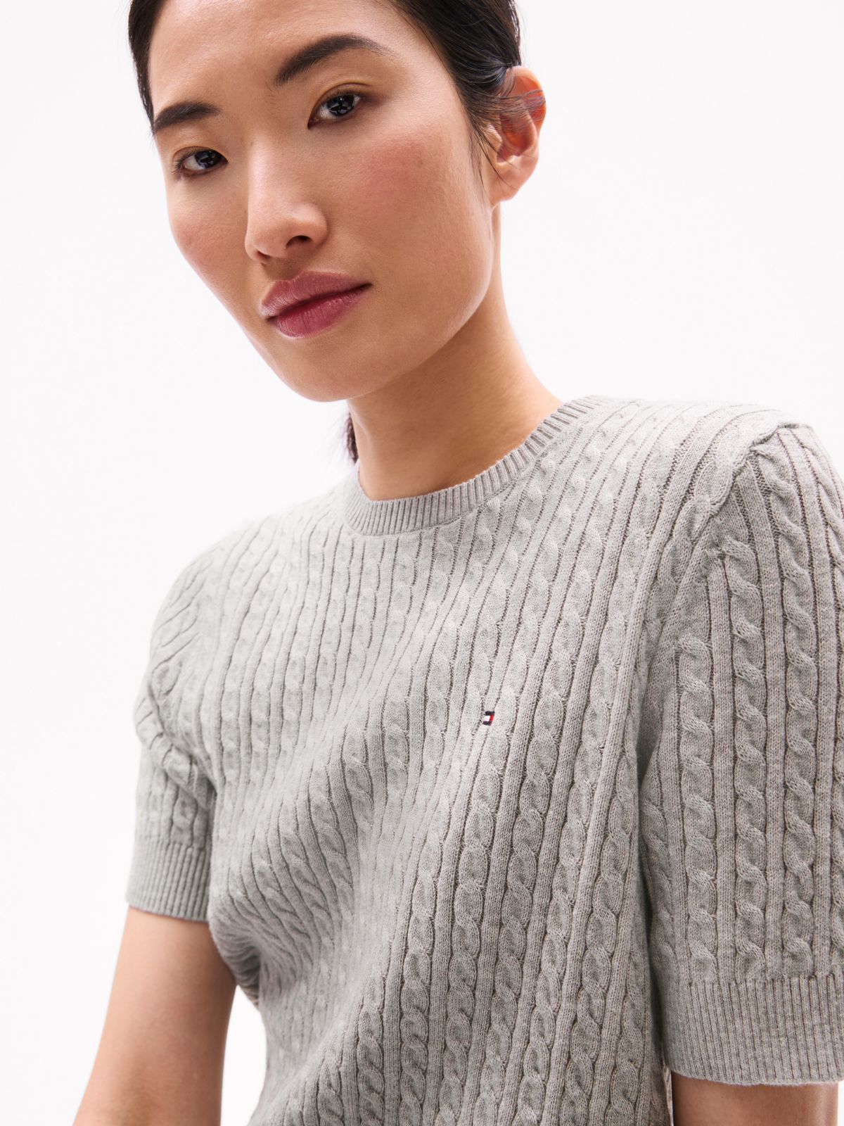 Short-Sleeve Cable Knit Sweater — Grey Heather