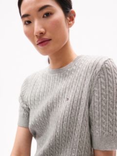 Short-Sleeve Cable Knit Sweater — Grey Heather 2