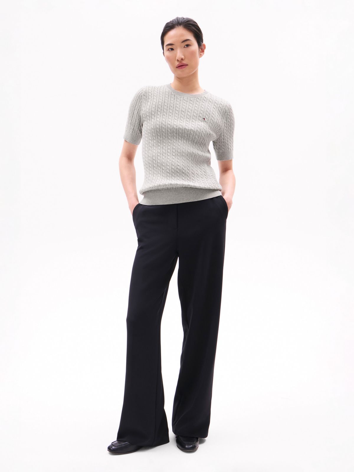Short-Sleeve Cable Knit Sweater — Grey Heather
