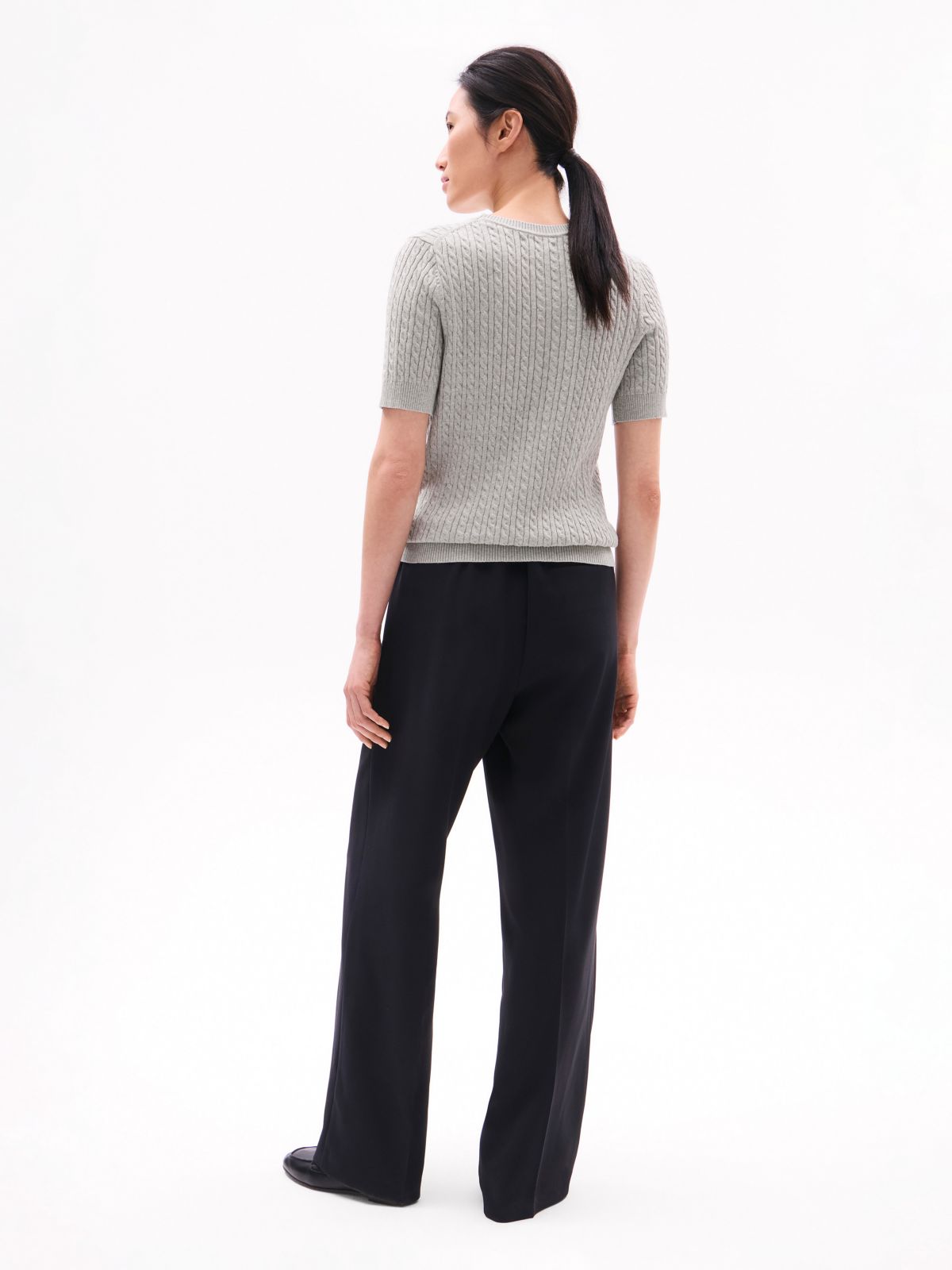 Short-Sleeve Cable Knit Sweater — Grey Heather
