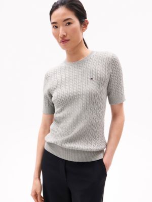 Short-Sleeve Cable Knit Sweater, Grey Heather