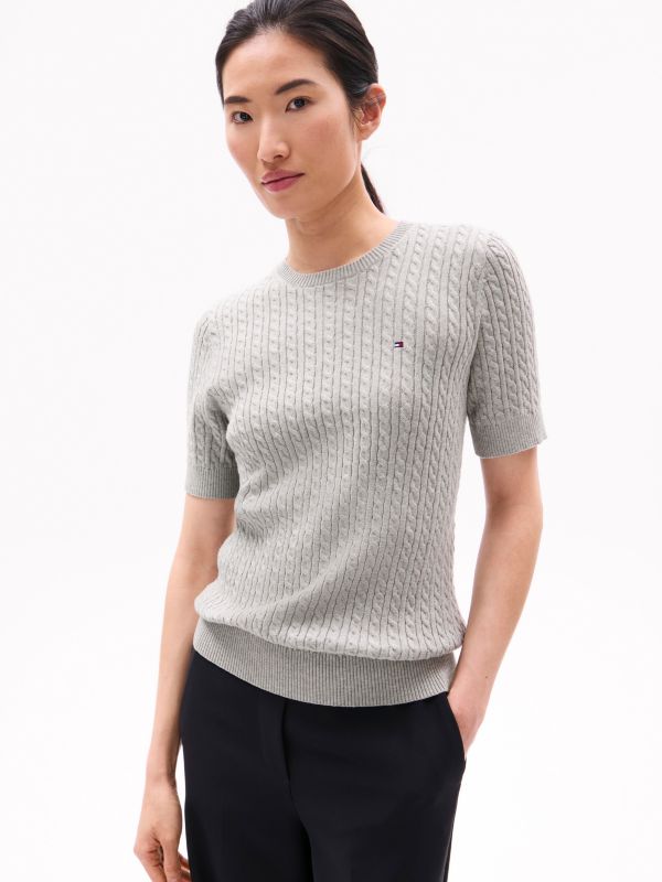 Short-Sleeve Cable Knit Sweater — Grey Heather