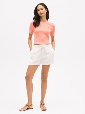 Short-Sleeve Cable Knit Sweater, Peach Dusk