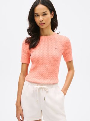 Short-Sleeve Cable Knit Sweater, Peach Dusk