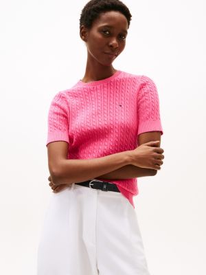 Short-Sleeve Cable Knit Sweater, Fandango Pink