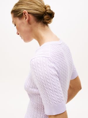 Short-Sleeve Cable Knit Sweater, Lilac Sprig