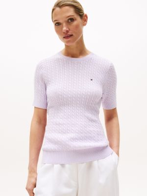 Short-Sleeve Cable Knit Sweater, Lilac Sprig