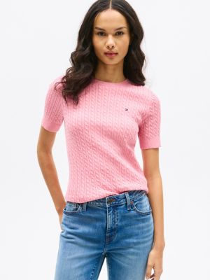 Short-Sleeve Cable Knit Sweater, Dark Pink Heather