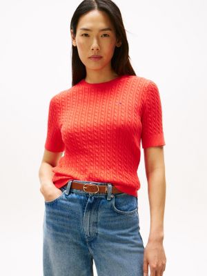 Short-Sleeve Cable Knit Sweater, Strawberry Field