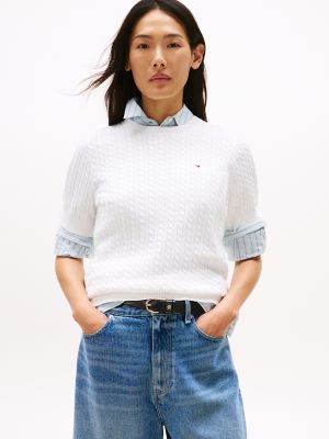 Short-Sleeve Cable Knit Sweater, Ecru