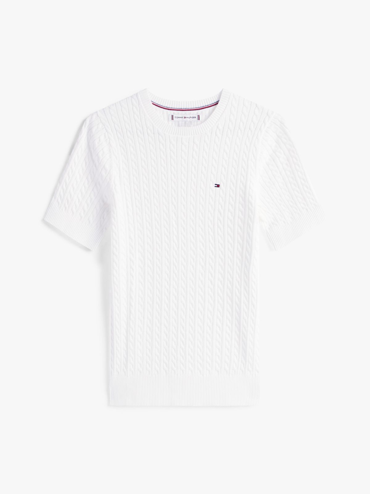 Short-Sleeve Cable Knit Sweater — Ecru