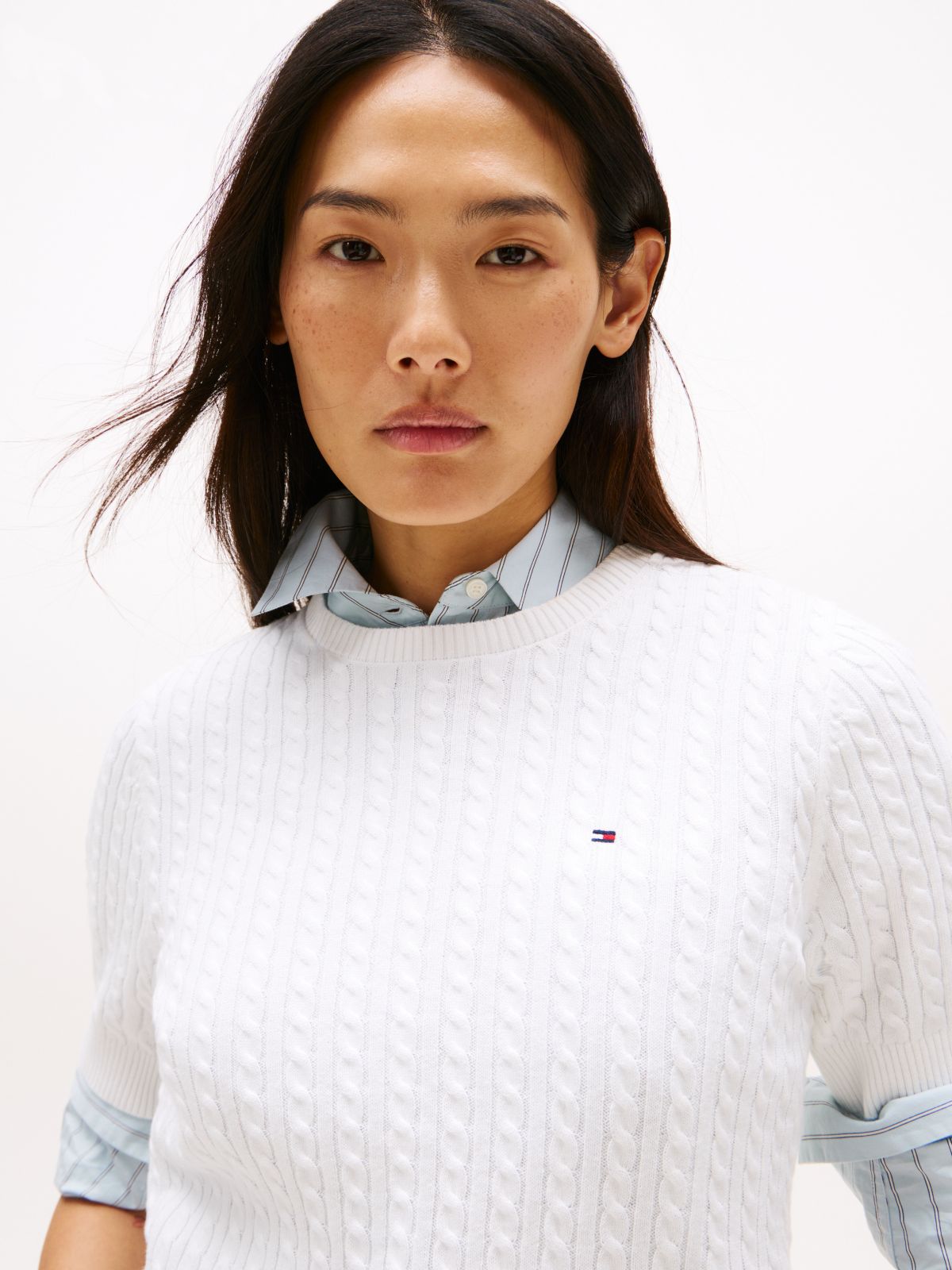 Short-Sleeve Cable Knit Sweater — Ecru