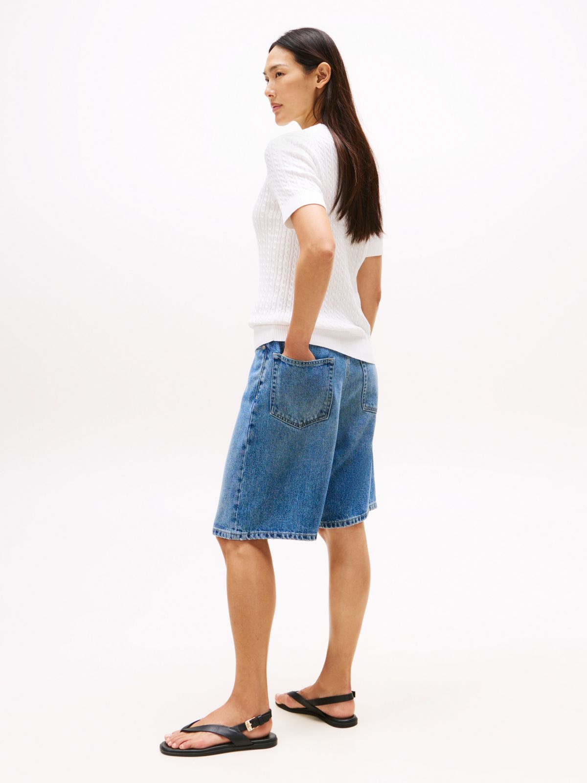 Short-Sleeve Cable Knit Sweater — Ecru