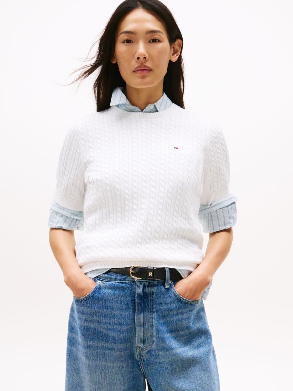 Short-Sleeve Cable Knit Sweater — Ecru