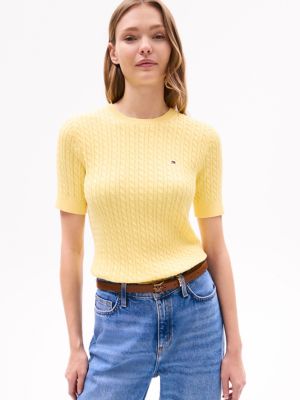 Short-Sleeve Cable Knit Sweater, Citronella