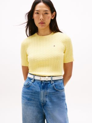 Short-Sleeve Cable Knit Sweater, Citronella