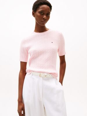 Short-Sleeve Cable Knit Sweater, Pink Heather
