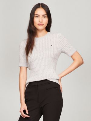 Short-Sleeve Shimmer Cable Knit Sweater, Grey Heather Multi