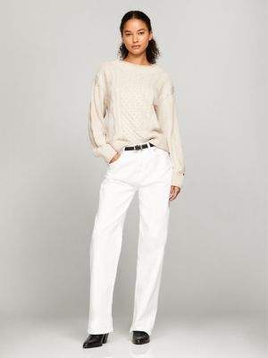 Crewneck Fisherman Sweater, Beige Heather