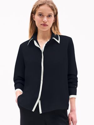 Long-Sleeve Contrast Crepe Shirt, Navy
