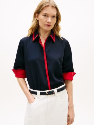 Long-Sleeve Contrast Crepe Shirt, Navy
