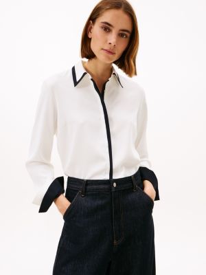 Long-Sleeve Contrast Crepe Shirt, Milky Way