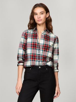Tommy Hilfiger Women s Plaid Cotton Poplin Shirt White M