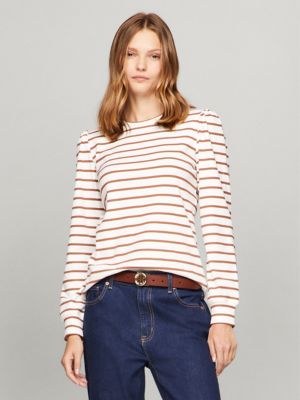 Stripe Puff-Sleeve T-Shirt, Natural Cognac Multi