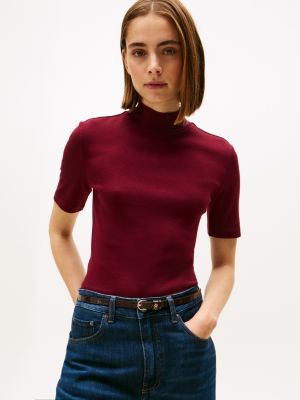 Short-Sleeve Mockneck T-Shirt, Burgundy