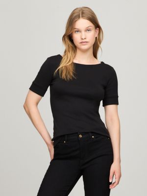 Elbow-Sleeve Boatneck T-Shirt, Black