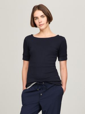 Elbow-Sleeve Boatneck T-Shirt, Navy