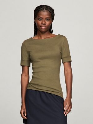 Elbow-Sleeve Boatneck T-Shirt, Army Green
