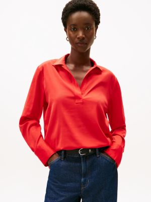 Stretch V-Neck Pullover Shirt, Deep Crimson