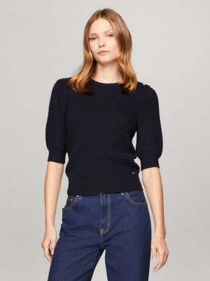 Puff-Sleeve Crewneck Sweater, Navy