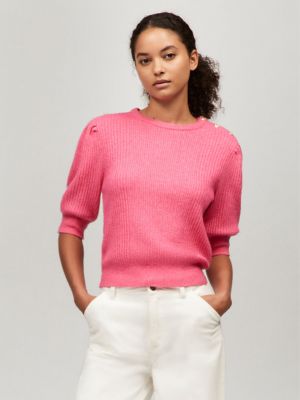 Puff-Sleeve Crewneck Sweater, Fandango Pink