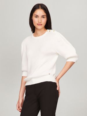 Puff-Sleeve Crewneck Sweater, Milky Way