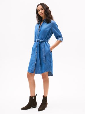 Long-Sleeve Belted Chambray Shirtdress, Medium Wash