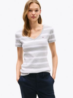 V-Neck Stripe Favorite T-Shirt, Grey Heather