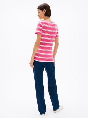 売れ筋商品|||トミー ヒルフィガー Tシャツ トップス レディース Women's Striped V-Neck Short-Sleeve T-Shirt Bubblegum V-Neck Stripe Favorite T-Shirt | Tommy Hilfiger