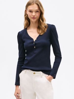 Ribbed Puff-Sleeve Henley, Navy