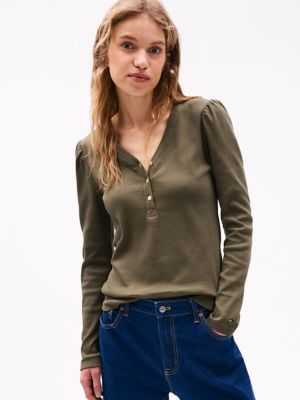 Ribbed Puff-Sleeve Henley, Army Green
