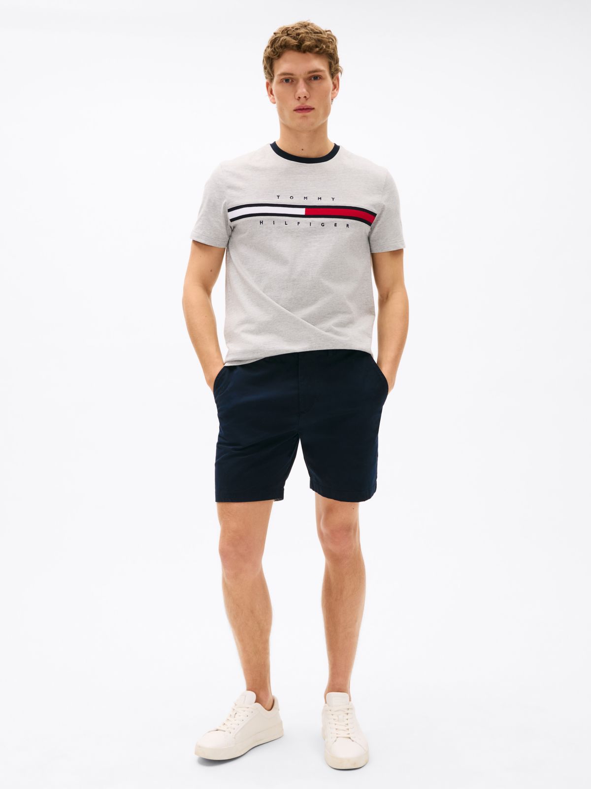 Embroidered Flag Stripe Logo T-Shirt — Grey Heather