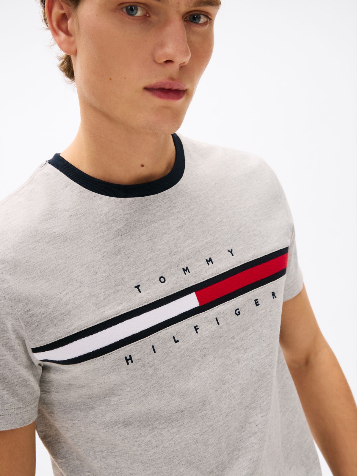 Embroidered Flag Stripe Logo T-Shirt — Grey Heather